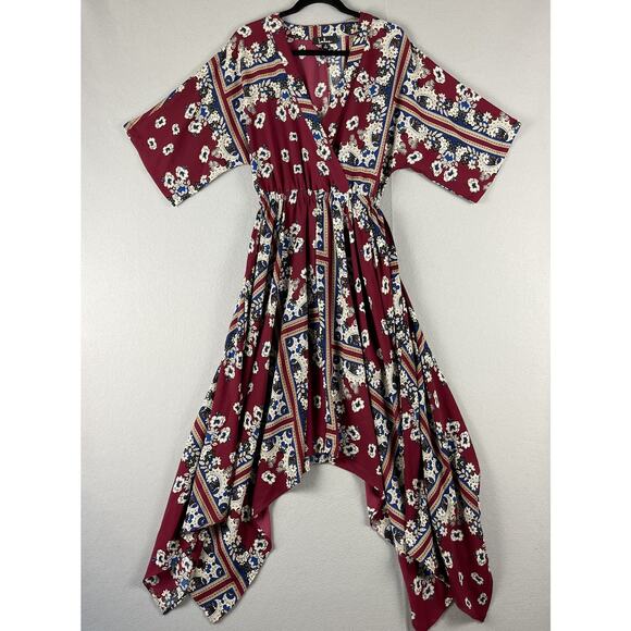Lulus Delta Floral Print Dress Womens Small Burgundy Asymmetrical Flowy Romantic - Picture 3 of 16